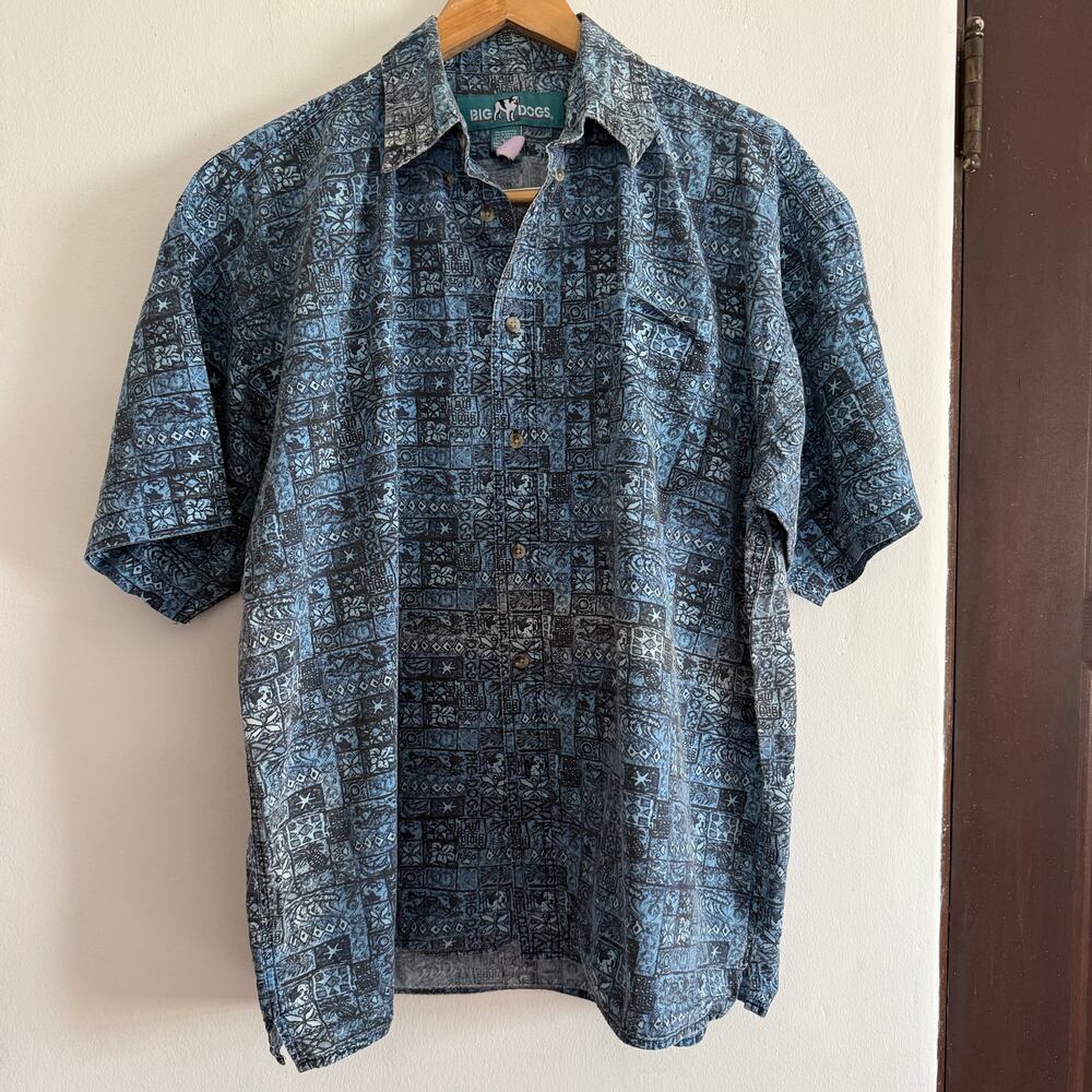 90s Vintage BIG DOGS | All over Pattern hawaiian Style Shirt | Size Large